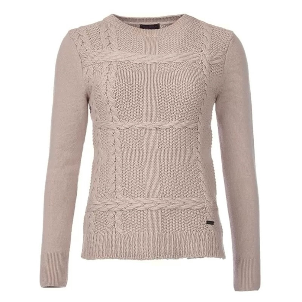 Barbour Chunky Cable Knit Winter Tartan Crew Wool Cashmere Sweater Beige 10